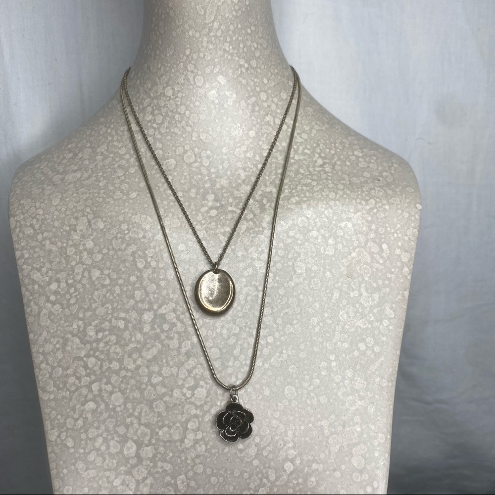 Two Vintage Silver-tone oval and flower Charm Necklaces